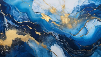 Fototapeta premium abstract marble art painting in blue shades with golden splashes