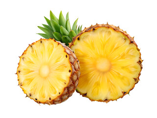 Juicy pineapple slices showcasing vibrant yellow flesh and a sweet tropical aroma against a clean white background.