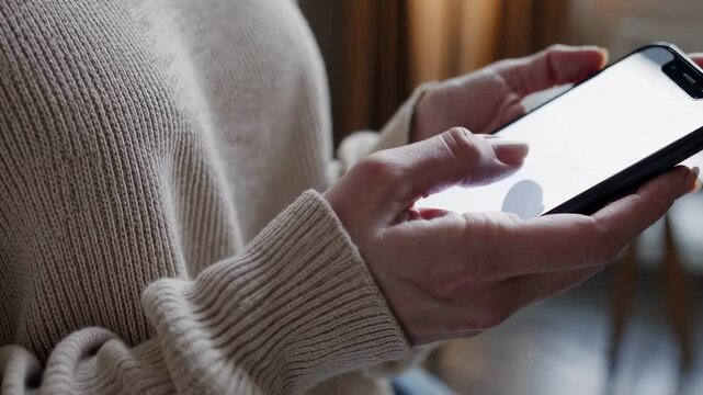 Main f&eacute;minine tenant un smartphone noir avec &eacute;cran blanc, gros plan sur les doigts en mouvement, pull beige textur&eacute;, ambiance douce et floue &ndash; mockup mobile moderne