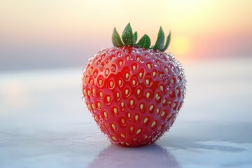 A single, dew-covered strawberry at sunset, showcasing vibrant red color and intricate details.