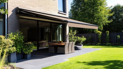 Modern Patio with Awning and Outdoor Furniture