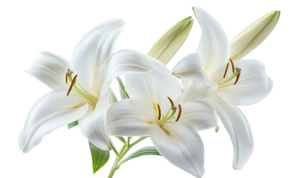Delicate High Angle Shot of White Lilies Symbolizing Purity and Beauty Isolate on Transparent Background, cutout, png