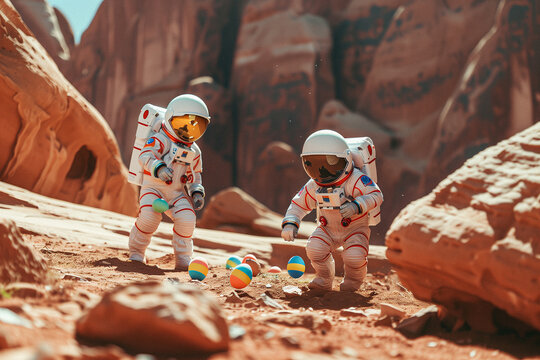 A group of astronauts roam the Mars-like red terrain, colorful flags in the background, creating a celebration atmosphere.
