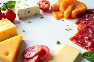 Assorted Italian cheeses & cured meats on white , cheese, still life, italian