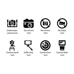 Underwater camera, Toy camera, No camera, No Video, Camera stand, Selfie stick, Camera lens, Camera flash, Black icon Set