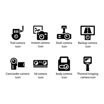 Trail camera, Instant camera, Dash camera, Backup camera, Camcorder camera, 3d camera, body camera, Thermal Imaging camera, Black icon Set