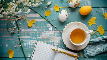 Bright and aesthetic flat lay composition featuring a notebook, cup of tea, yellow ginkgo leaves, and a soft textile. Ideal for concepts of creativity, relaxation, and nature-inspired inspiration.