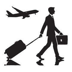 Person pulling carry-on luggage on business travel flat Silhouettes vector.