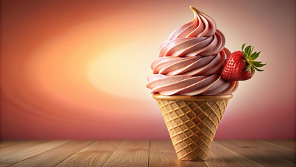 Strawberry Soft Serve Ice Cream in Waffle Cone Refreshing Summer Treat