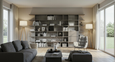 Modern living room interior featuring sleek design and natural light