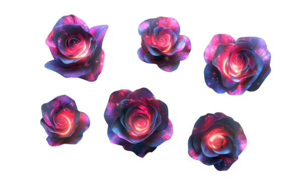 Dreamy Cosmic Roses with Neon Illumination Isolate on Transparent Background, cutout, png - Powered by Adobe