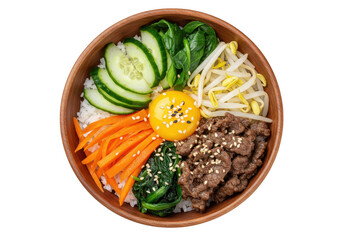 A top view of a Korean bibimbap bowl featuring cooked rice topped with colorful ingredients isolated on transparent background