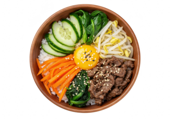 A top view of a Korean bibimbap bowl featuring cooked rice topped with colorful ingredients isolated on transparent background