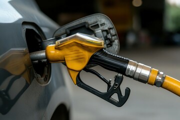 Yellow fuel pump nozzle inserting into car fuel tank at gas station