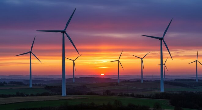 Majestic wind turbines turn slowly in the fading sunlight, symbolizing renewable energy