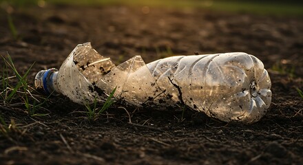 Crushed plastic bottle on dark soil, environmental pollution, discarded waste, earthy tones.