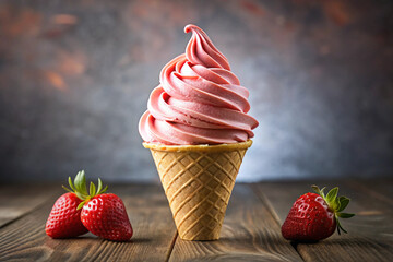 Strawberry Soft Serve Ice Cream in Waffle Cone Refreshing Summer Treat