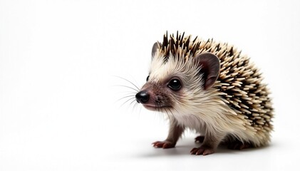Close-up of a single hedgehog against a stark white backdrop, white, wildlife, nature