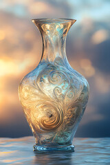 Ethereal Serenity: A Graceful Vase Bridging Azure Skies and Golden Dawn