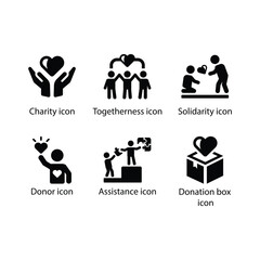 Charity, Togetherness, Solidarity, Donor, Assistance, Donation box, Black Icon Set