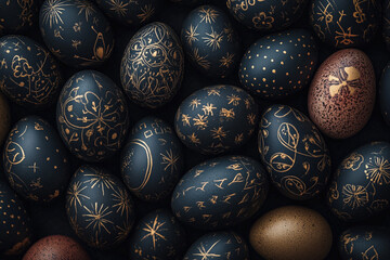 ntricate black eggs adorned with golden patterns showcasing artistic craftsmanship and detailed designs. Traditional motifs emphasize style and beauty, perfect for cultural and artistic presentations.