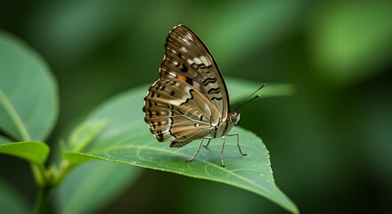 Naklejka premium Mottled Brown Butterfly Resting on Vibrant Green Leaf, Soft Focus Jungle Backdrop