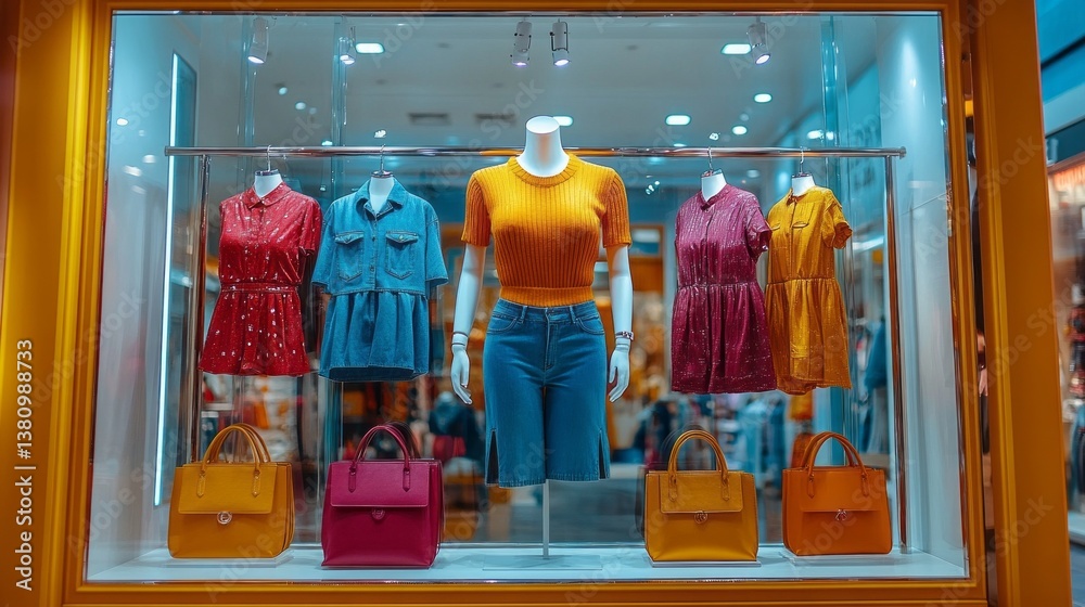 Poster a vibrant retail window features an array of summer dresses in bright hues alongside matching handba