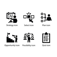 Strategy, Select, Plan, Opportunity, Possibility, Quiz, Black Icon Set