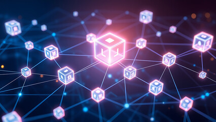 Abstract digital network of interconnected cubes representing blockchain and data flow
