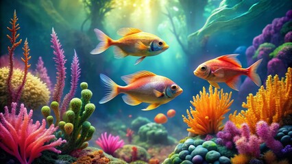 Fototapeta premium Vibrant Underwater Scene with Colorful Fish and Coral Reefs