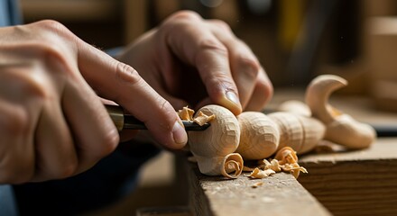 Woodcarver's hands shaping a small, stylized wooden animal figure with a chisel, creating delicate curls of wood.