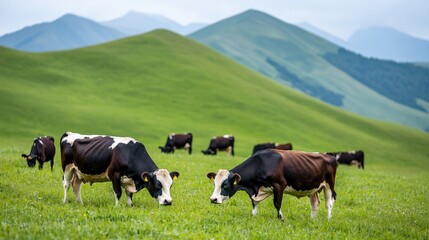 Organic dairy Concept, Scenic Green Pasture with Grazing Cows on a Lush Mountain Landscape Under Bright Sky