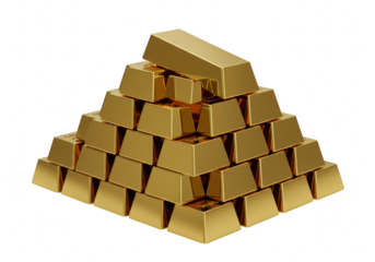 A pile of shiny gold bars stacked in a pyramid isolated on transparent background