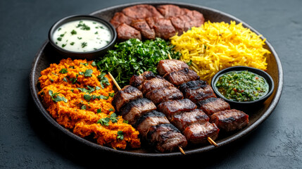 A vibrant platter of grilled meats, flavorful rice, and fresh herbs, served with yogurt and green chutney, showcasing a delicious culinary experience.