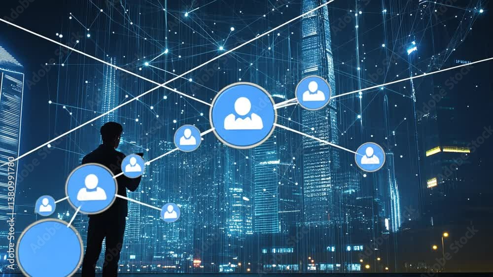 Poster man engages with smartphone in innovative global network connection generative ai