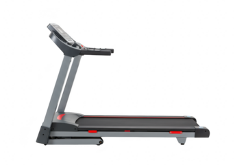 A modern treadmill with a gray and black frame isolated on transparent background