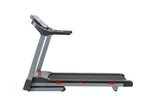 A modern treadmill with a gray and black frame isolated on transparent background