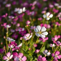 Fototapeta premium Delicate white and pink Bacopa monnieri blossoms in a field, aromatic, vibrant pink petals, outdoor, natural, garden