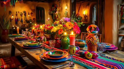 Vibrant Festive Table Setting with Colorful Flowers and Candles in Rustic Dining Room