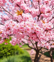 Naklejka premium Full bloom sakura tree, pink and white petals, idyllic spring landscape, scenic, pink, delicate
