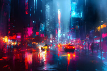 Fototapeta premium A vibrant night time city scene with neon reflections and lights