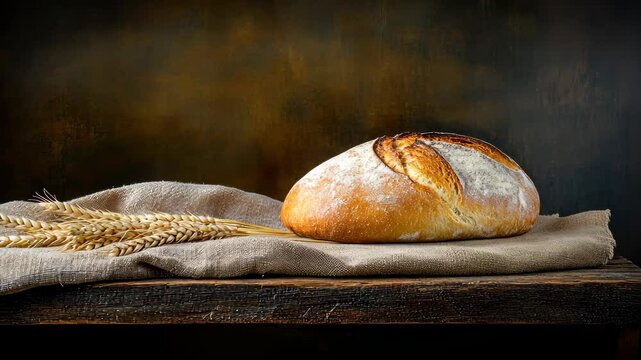 A loaf of freshly baked bread sits on a weathered wooden table, accompanied by golden wheat stalks in a charming rustic setting