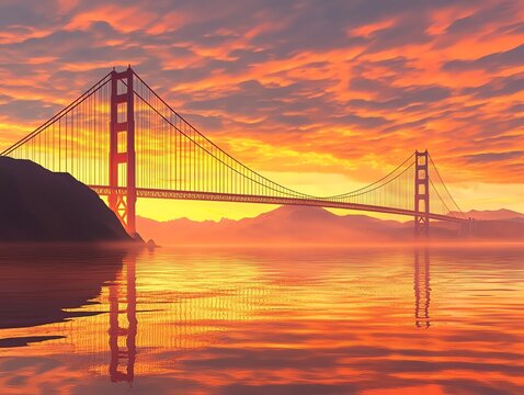 Golden Gate Bridge at Sunset Reflecting in Bay Water Scenery