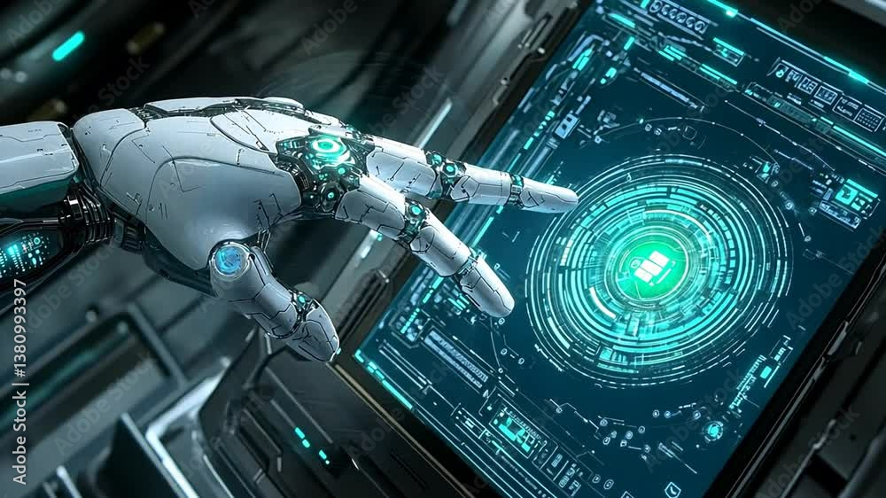 Poster futuristic computer automated display with robotic interaction generative ai