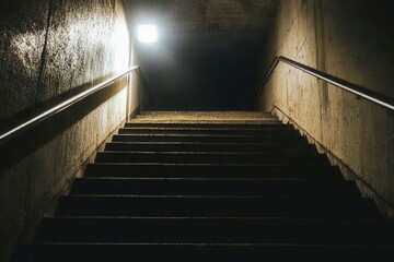 Dark Staircase with Handrails and Mysterious Light Source Above
