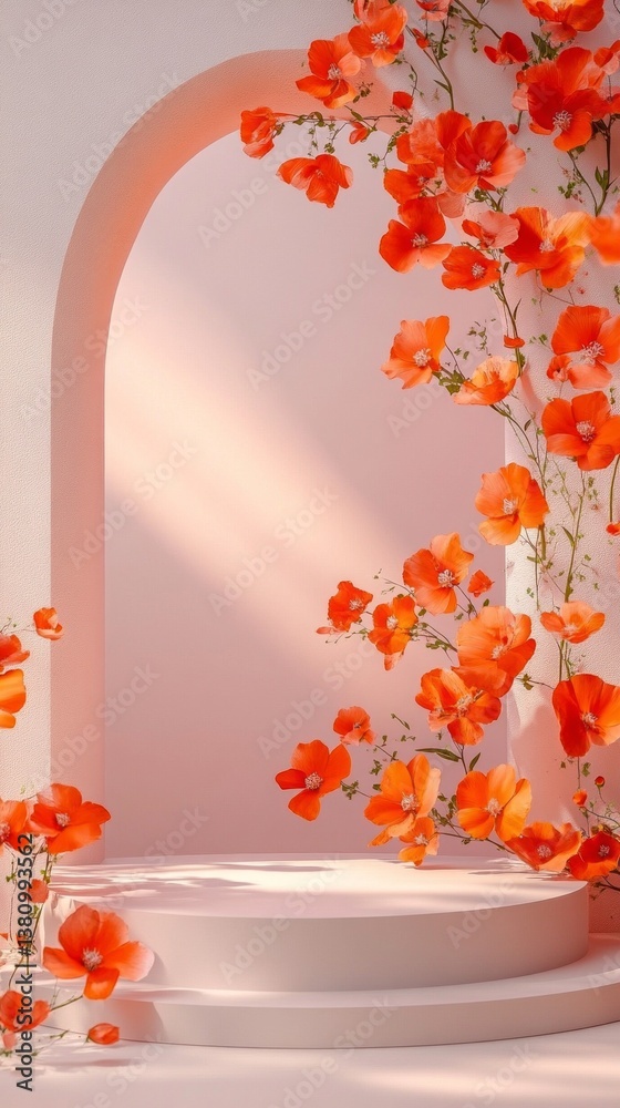 Poster lush orange flowers intertwine with a delicate archway, filling the space with warmth and tranquilit