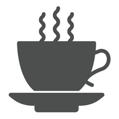 Cup of hot coffee solid icon, tropical voyage concept. Vector graphics. Coffee drink cup with ceramic saucer sign on white background, glyph style icon for mobile or web design.