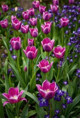 Fototapeta premium Lush green foliage, vibrant purple tulips & violets in full bloom, flora, photography