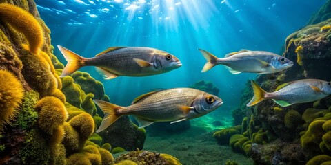 Fototapeta premium Underwater Scene with Colorful Fish and Ocean Vegetation in Sunlight