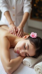 Obraz na płótnie Canvas A tranquil scene captures a woman with closed eyes, savoring a soothing massage while a skilled therapist works on her back. The soft ambiance, highlighted by the delicate flower in her hair, evokes a